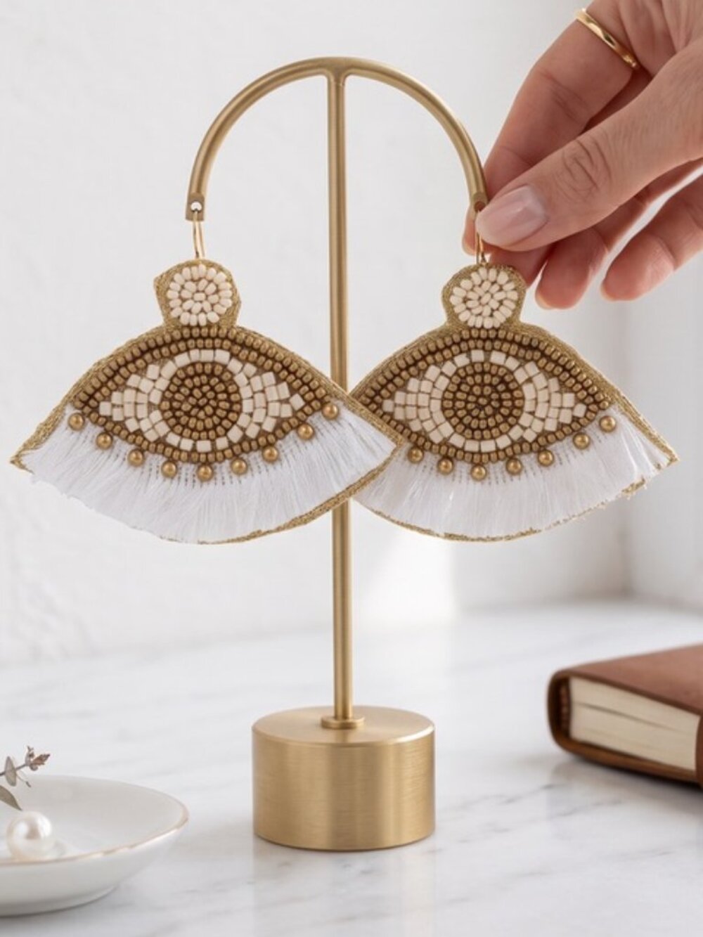 Ivory Evil Eye Beaded & Fringe Earrings